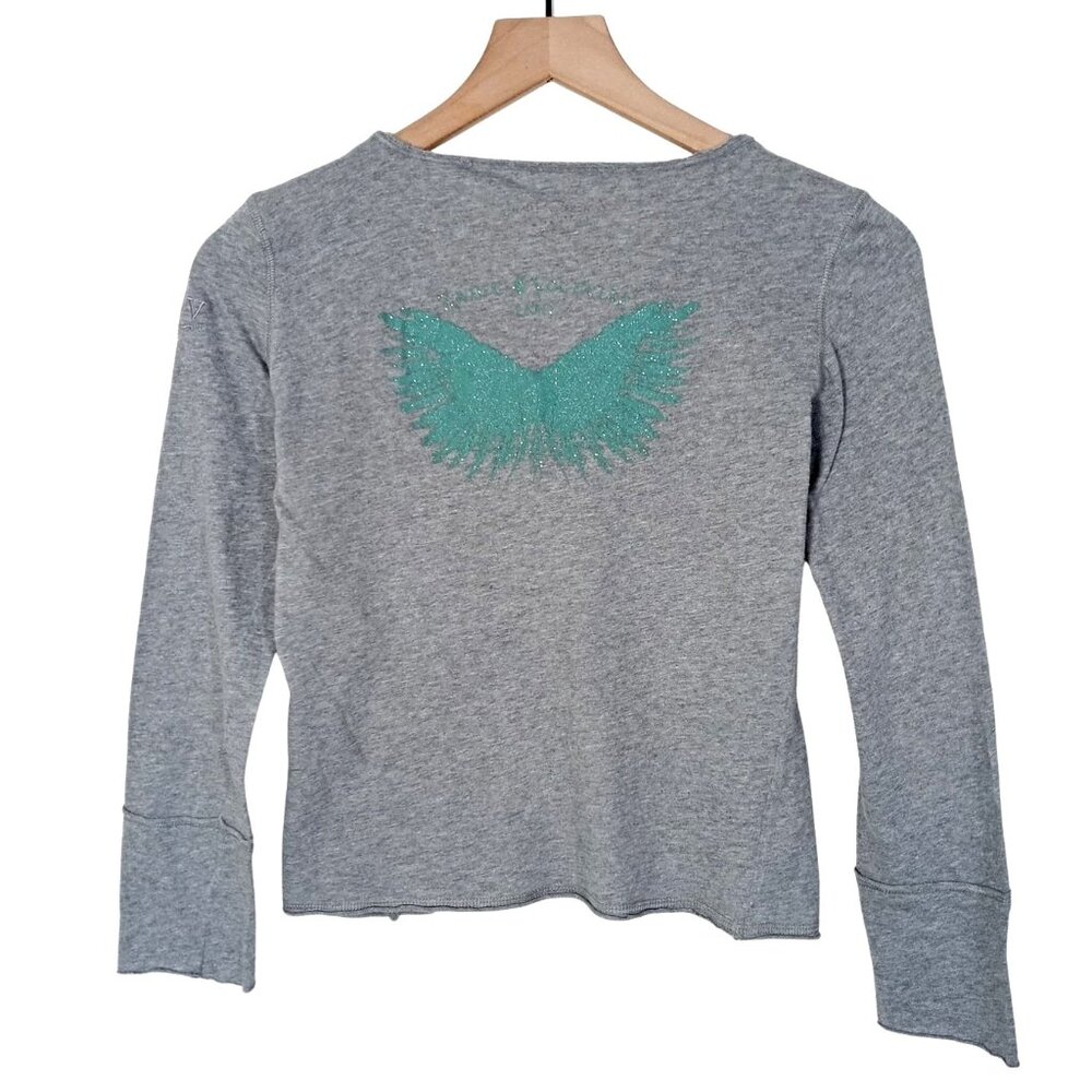 Zadig & Voltaire Girls T-Shirt Gray Cotton Green Glitter Wings Size 10-12A